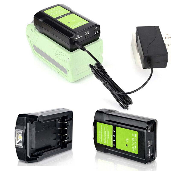 40V Split Charger for Greenworks 40V Li-ion Battery 29462 29472 29482, Dual USB & Type-C 2.1A Fast Charge with 140LM LED Light