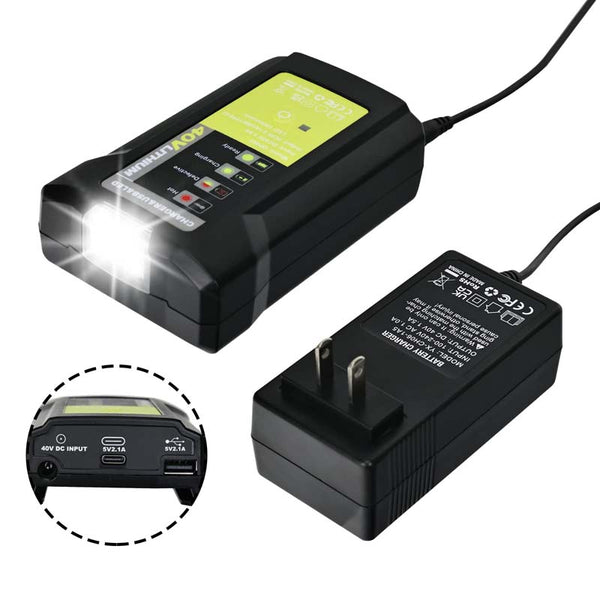 Rapid 40V Battery Charger for Ryobi with 140LM LED Light & USB Type-C Port, Replacement Charger for OP404 OP403A OP401