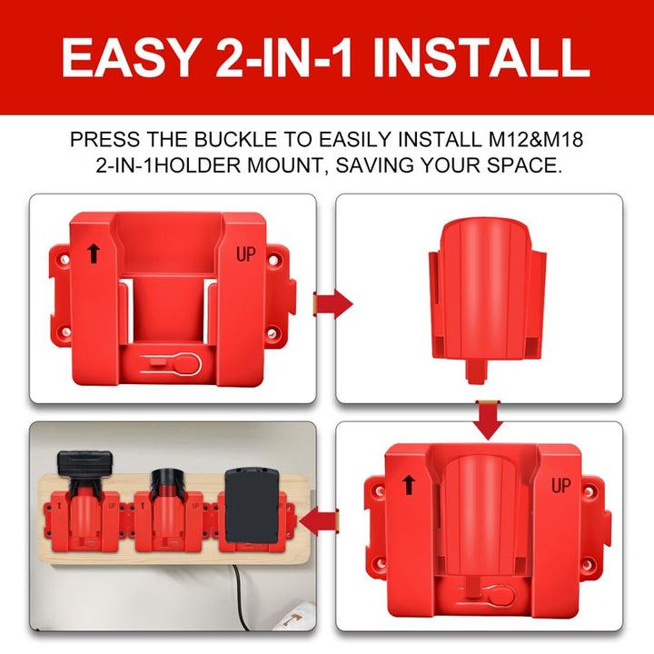 2-in-1 Milwaukee M12 & M18 battery holder wall mount rack | Powuse