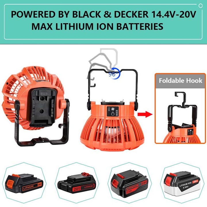 Powuse Black+Decker 20V Battery Powered Camping Ceiling Fan with LED Lantern