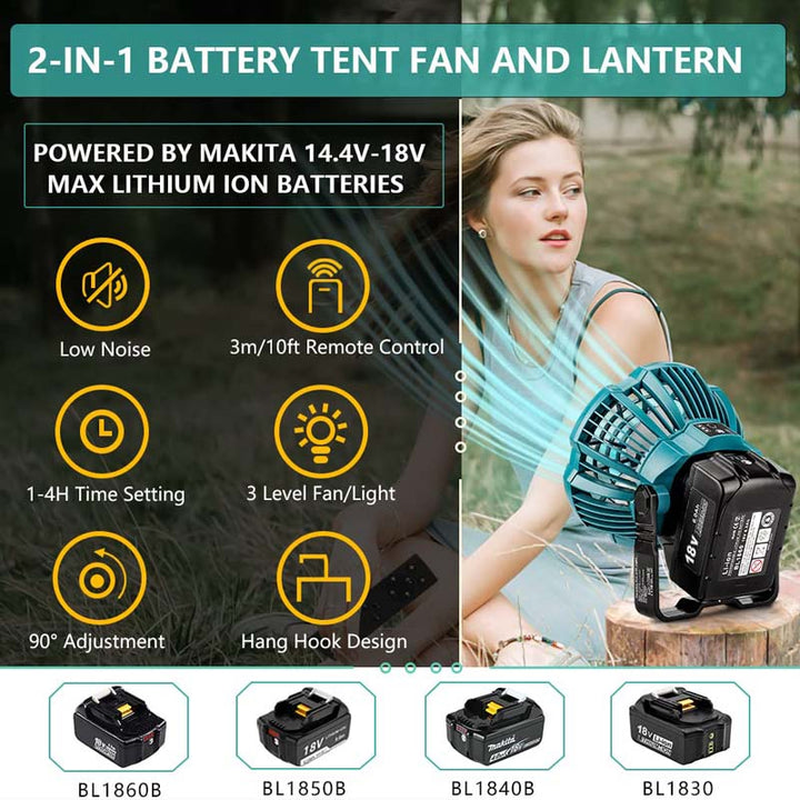 Powuse Makita LXT 18V Battery Powered Camping Ceiling Fan with LED Lantern