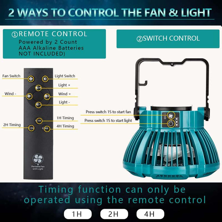 Powuse Makita LXT 18V Battery Powered Camping Ceiling Fan with LED Lantern