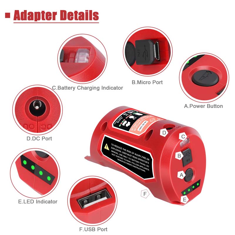 M12 USB Power Source for Milwaukee 12V USB Battery Charger Portable Power  Supply