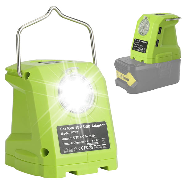 Dual USB Charger with Hook & LED Work Light Portable Power Source Adapter for Ryobi 18V Battery