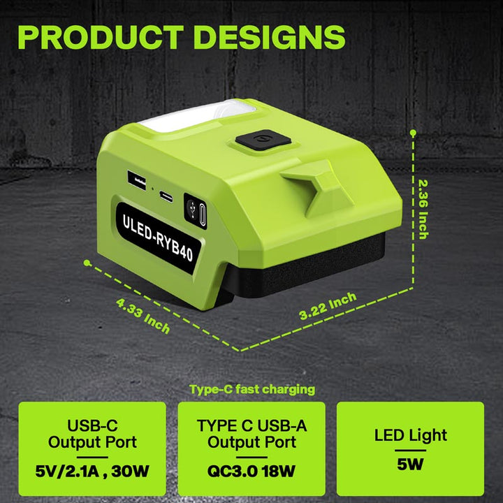 Ryobi 40V Battery Power Adapter with USB-C PD & LED Work Light | Powuse
