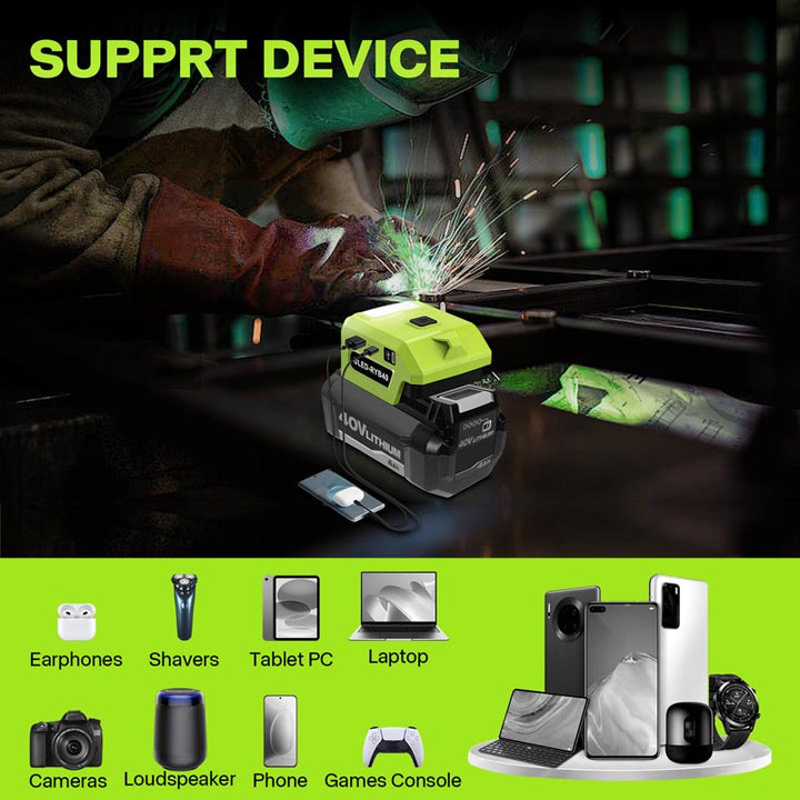 Ryobi 40V Battery Power Adapter with USB-C PD & LED Work Light | Powuse