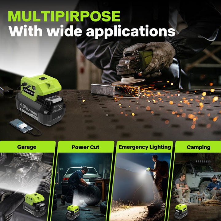 Ryobi 40V Battery Power Adapter with USB-C PD & LED Work Light | Powuse