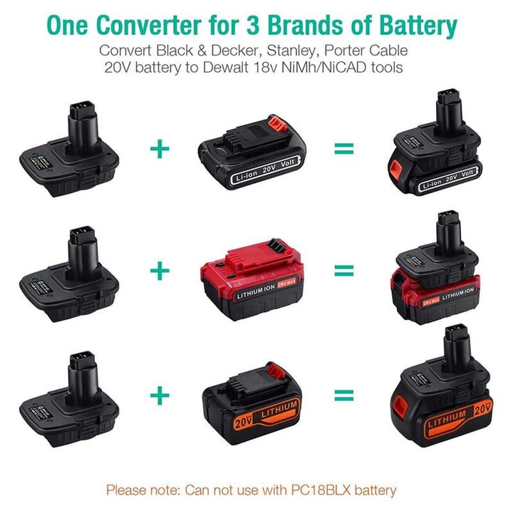 Black+Decker/Porter-Cable/Stanley 18V/20V to DeWalt 18V NiCad Battery Adapter | Powuse