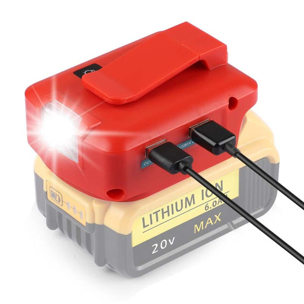 Dual USB Charger & DC Port & Belt Clip & LED Work Light Portable Power Source Adapter for Dewalt 20V Max Li-ion Battery