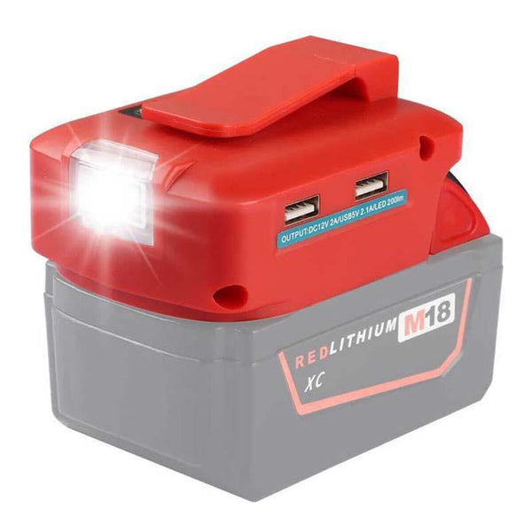 Dual USB Charger & DC Port & Belt Clip & LED Work Light Portable Power Source Adapter for Milwaukee M18 18V Li-ion Battery
