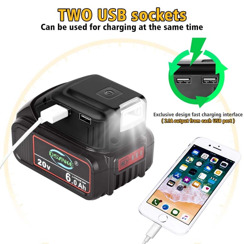 USB+DC+LED Light Power Source Adapter for Black+Decker 20V Max Li