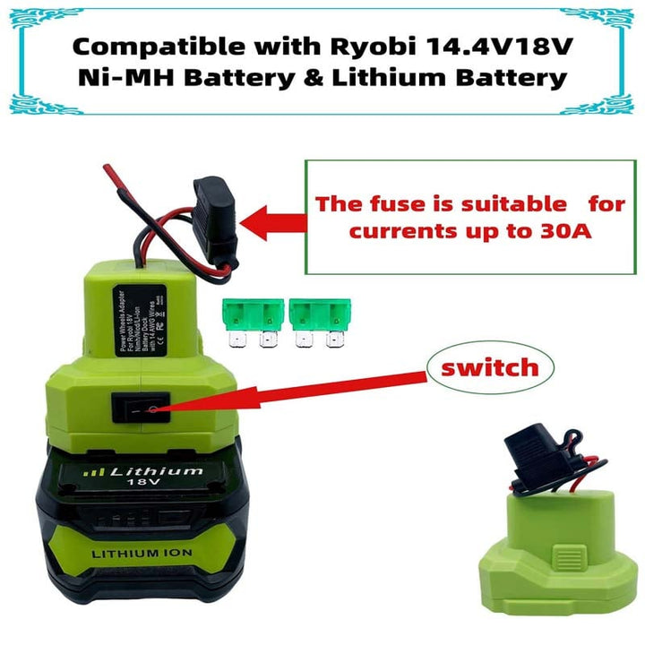 Ryobi One+ 18V Battery Power Wheels Adapter with Switch & Fuse | Powuse